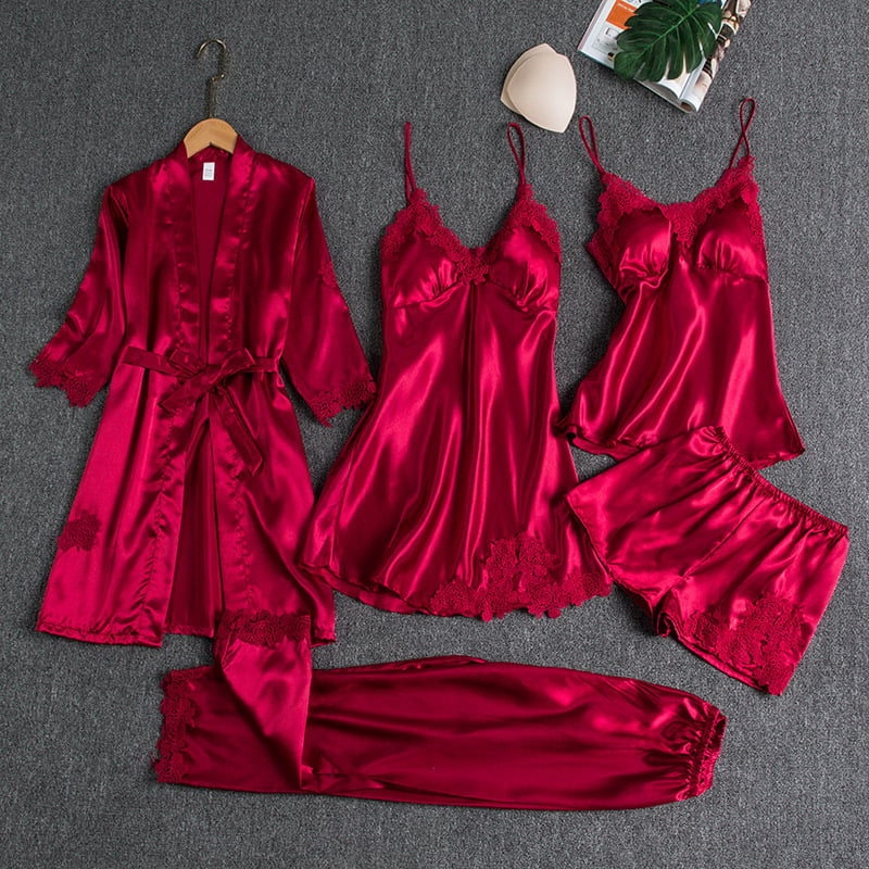 Luxury Satin 5-Piece Lace Trim Sleepwear Set for Women