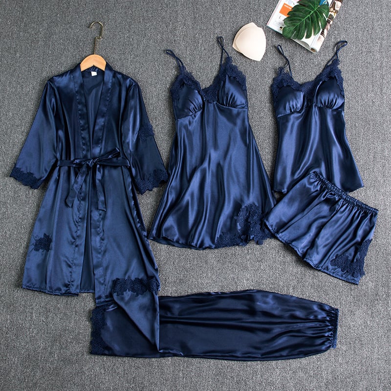 Luxury Satin 5-Piece Lace Trim Sleepwear Set for Women