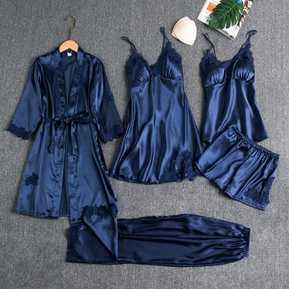 Luxury Satin 5-Piece Lace Trim Sleepwear Set for Women