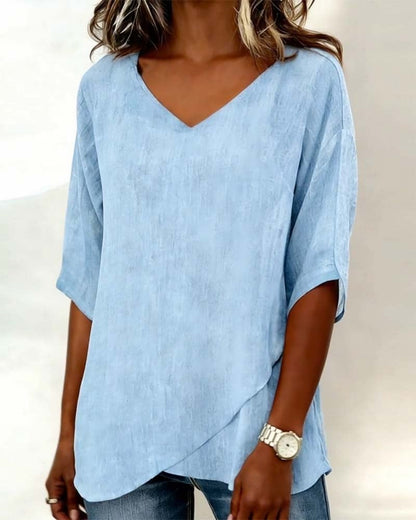 Top Irregular Hem Solid Color V-Neck