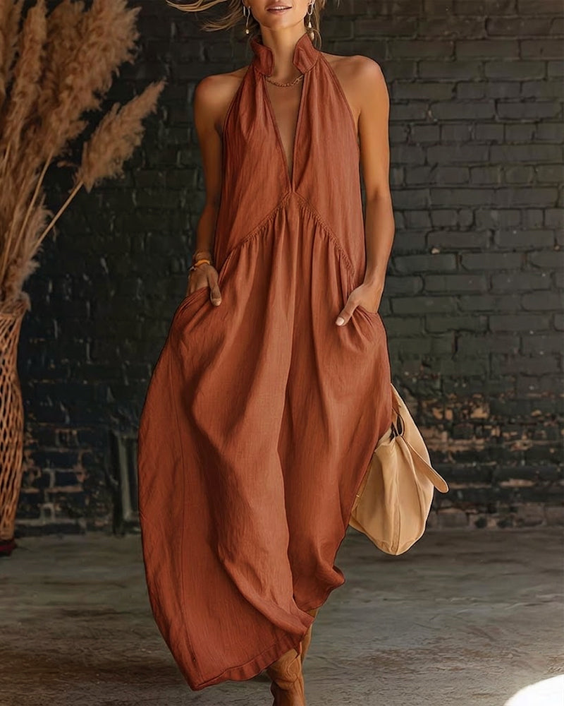 Sleeveless High Neck Solid Maxi Dress 100% Cotton