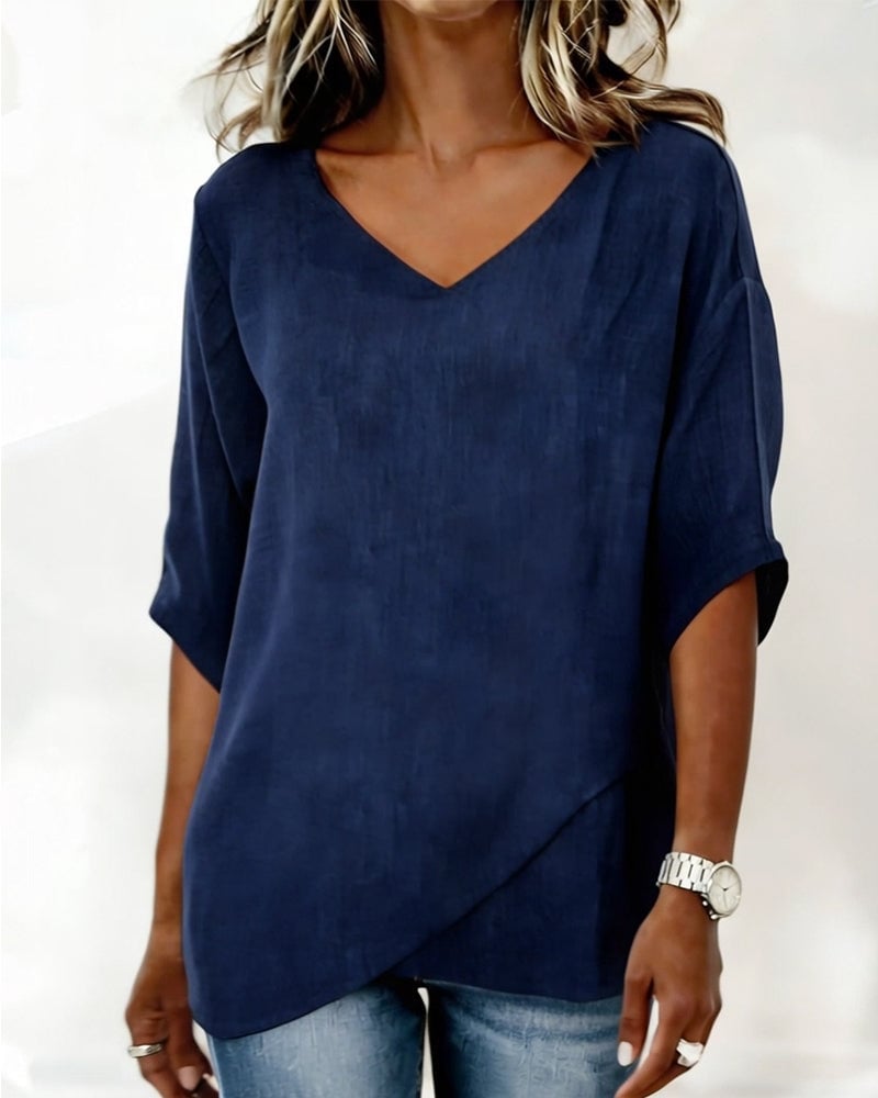 Top Irregular Hem Solid Color V-Neck