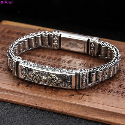 925 Sterling Silver Bracelet with Six Signs of Truth Vajra with Rotating Drum