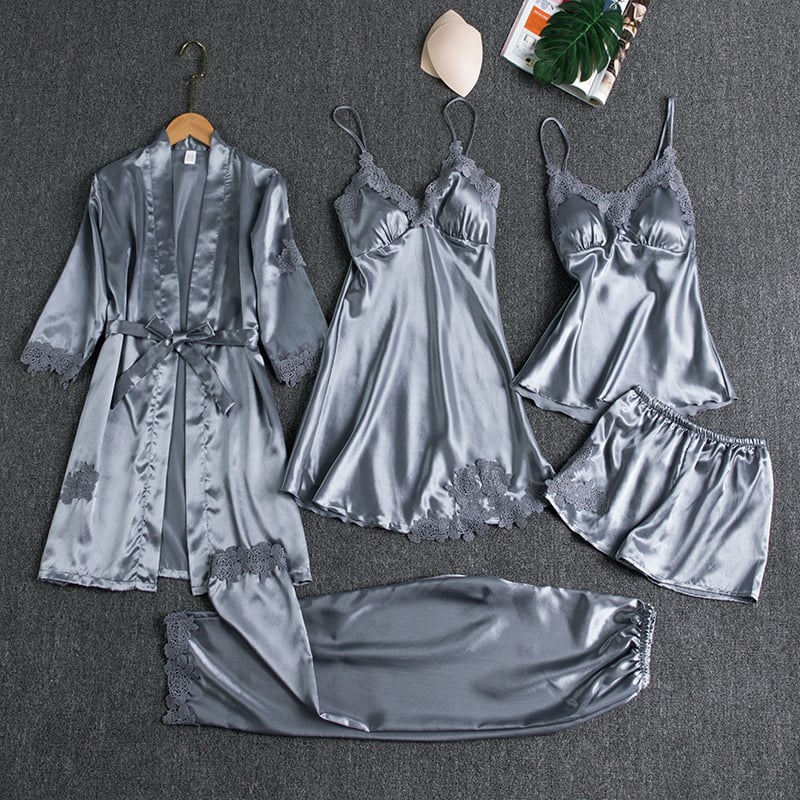 Luxury Satin 5-Piece Lace Trim Sleepwear Set for Women