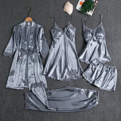 Luxury Satin 5-Piece Lace Trim Sleepwear Set for Women