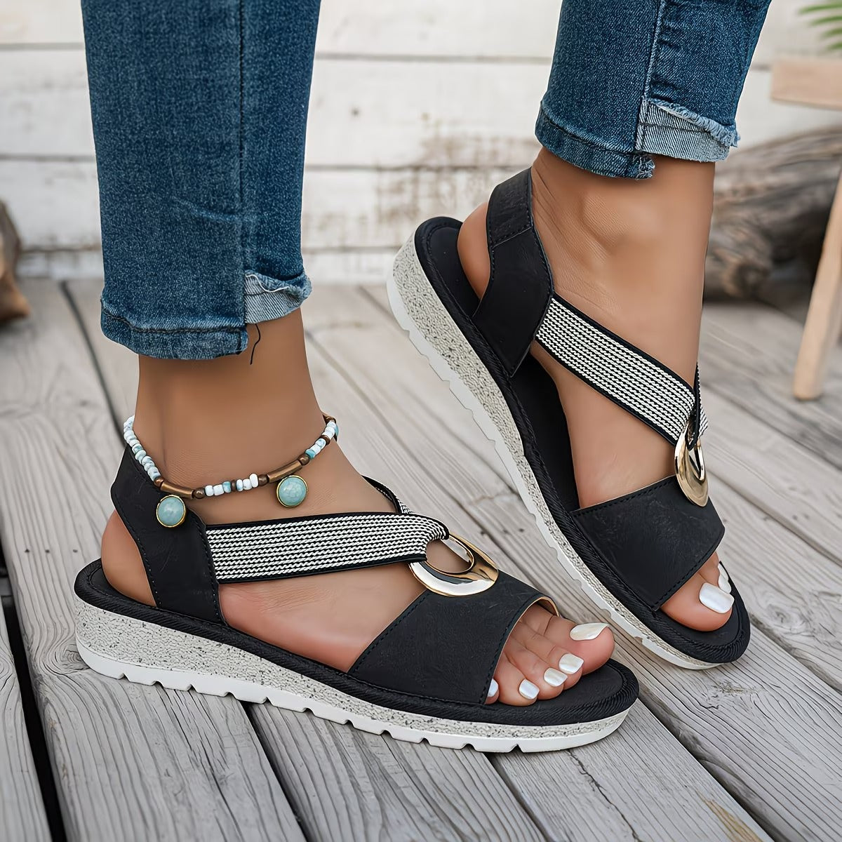 Women’s Flat Sandals with Metal Buckle