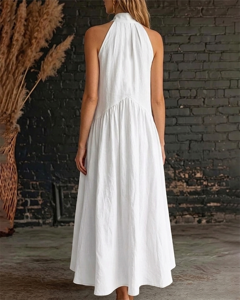 Sleeveless High Neck Solid Maxi Dress 100% Cotton