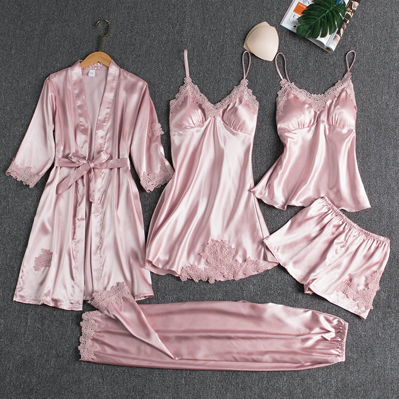 Luxury Satin 5-Piece Lace Trim Sleepwear Set for Women