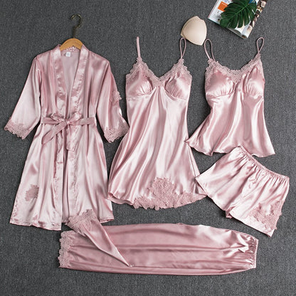 Luxury Satin 5-Piece Lace Trim Sleepwear Set for Women