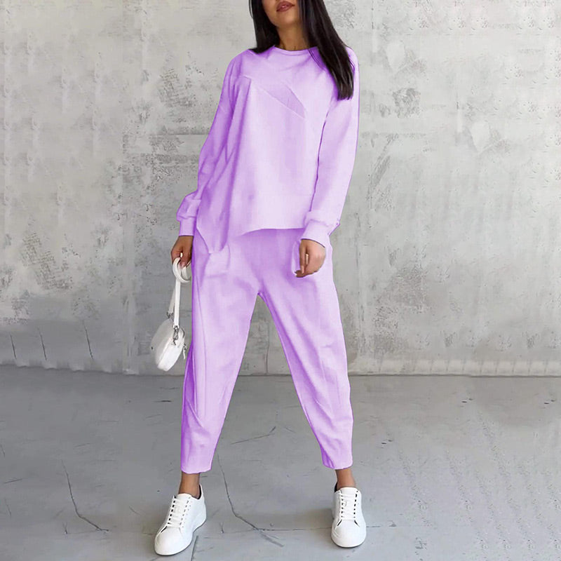 Women's Long-Sleeve Sweatshirt with Irregular Hem and Matching Pants