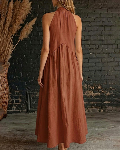 Sleeveless High Neck Solid Maxi Dress 100% Cotton