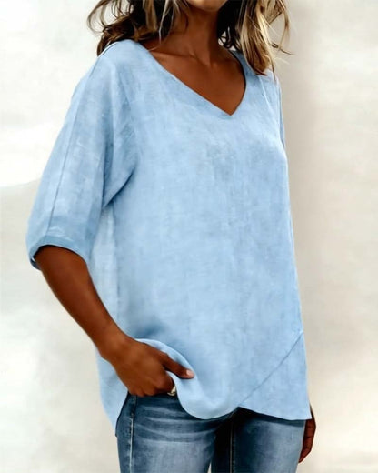 Top Irregular Hem Solid Color V-Neck