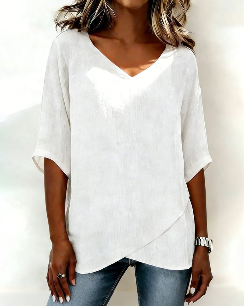 Top Irregular Hem Solid Color V-Neck