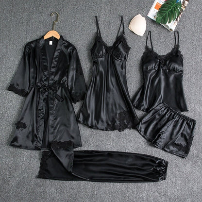Luxury Satin 5-Piece Lace Trim Sleepwear Set for Women