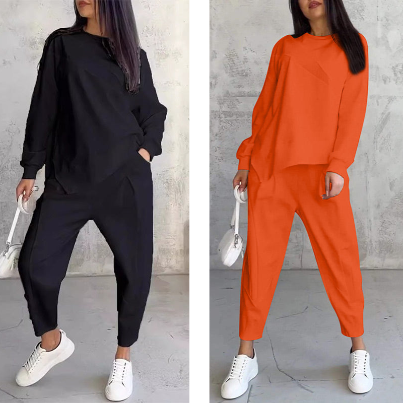 Women's Long-Sleeve Sweatshirt with Irregular Hem and Matching Pants