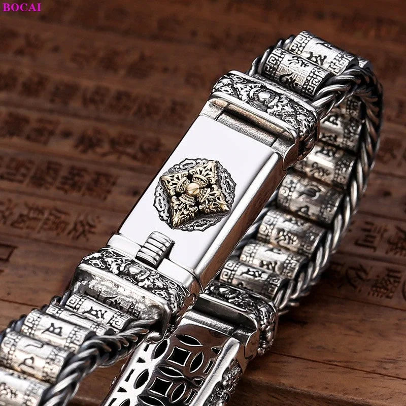 925 Sterling Silver Bracelet with Six Signs of Truth Vajra with Rotating Drum