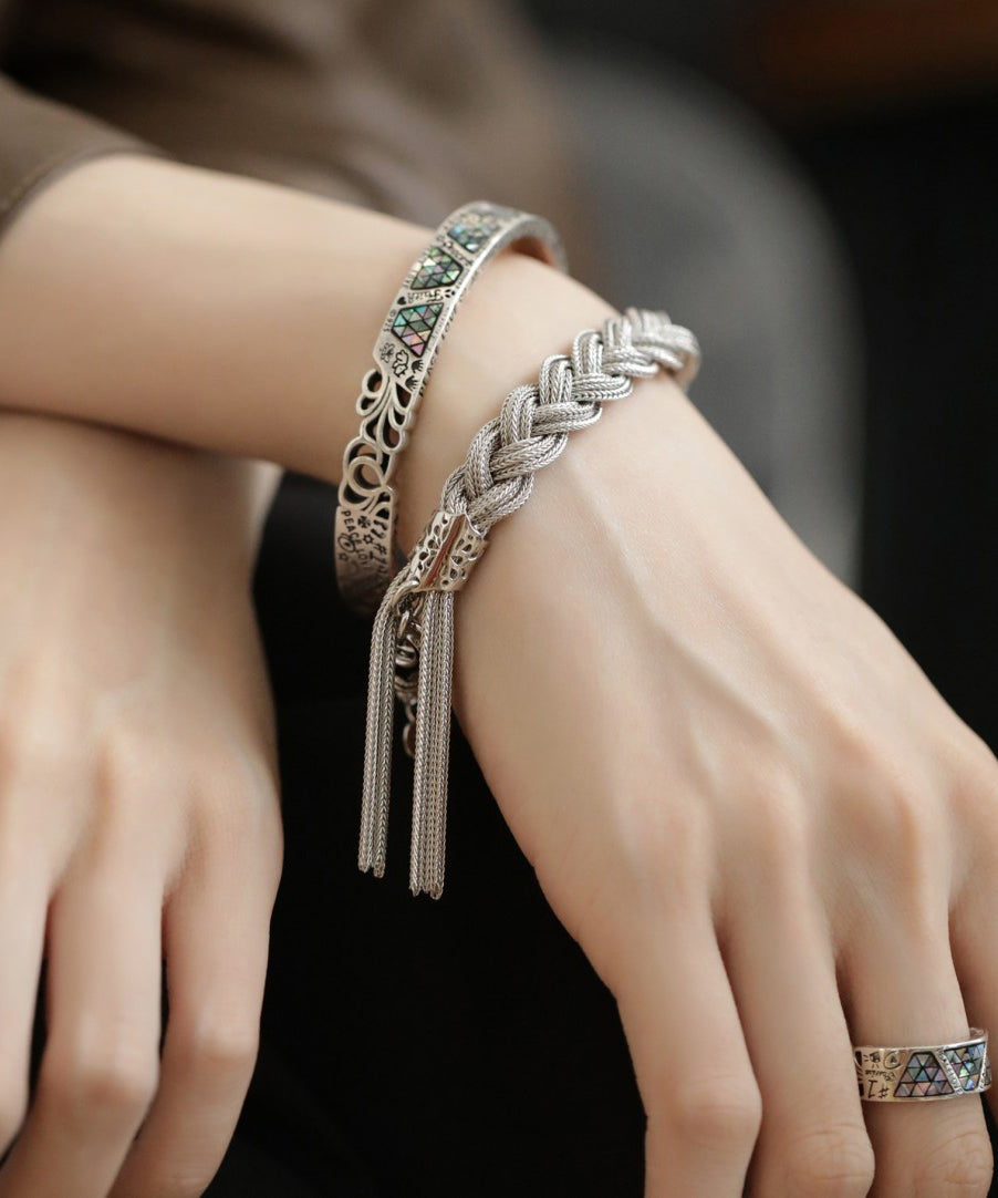 Stylish Silk Silver Woven Charm Bracelet with Tassel