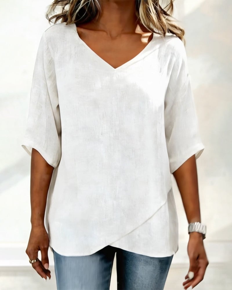 Top Irregular Hem Solid Color V-Neck