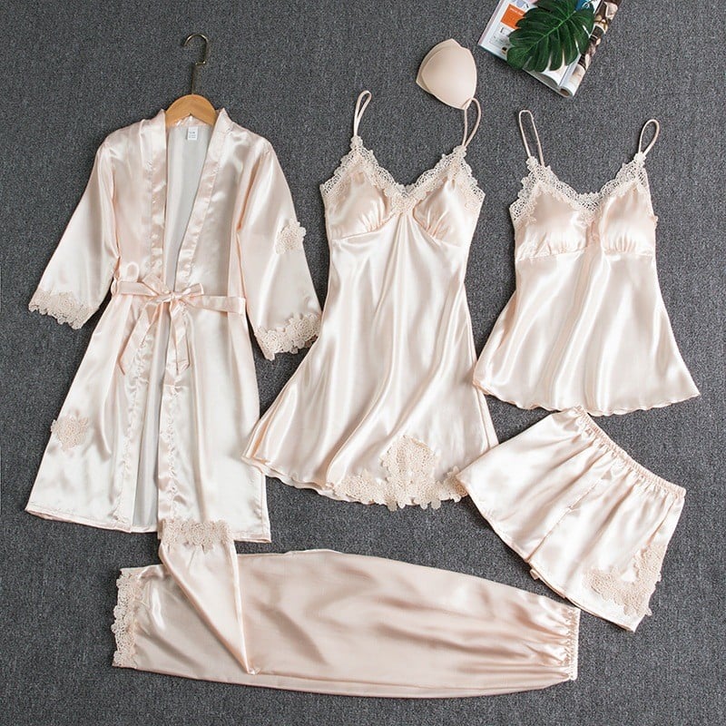 Luxury Satin 5-Piece Lace Trim Sleepwear Set for Women