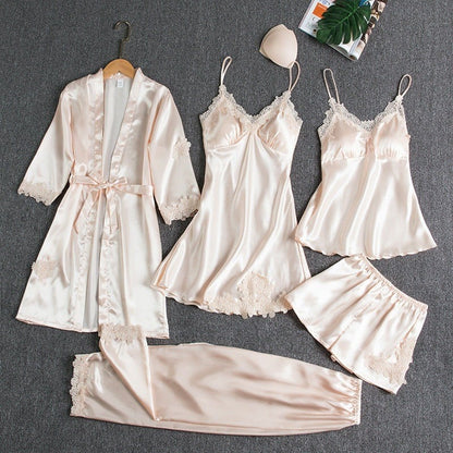 Luxury Satin 5-Piece Lace Trim Sleepwear Set for Women