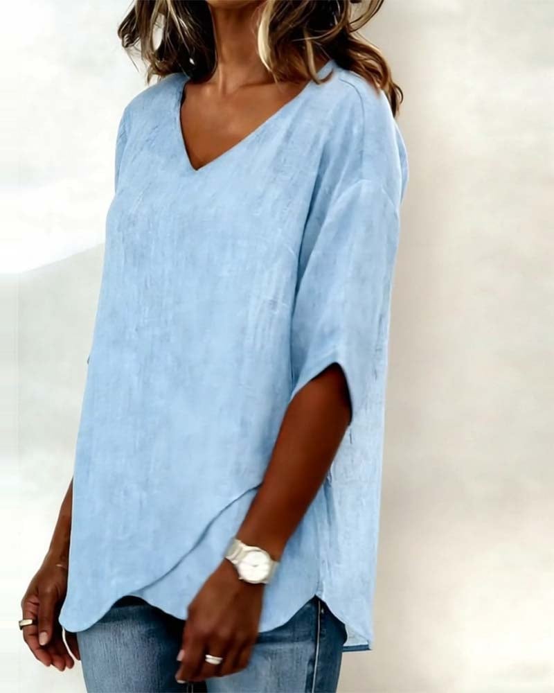 Top Irregular Hem Solid Color V-Neck