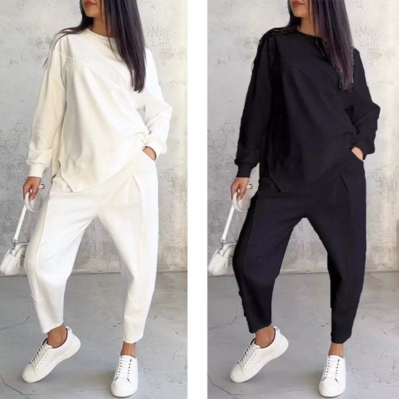 Women's Long-Sleeve Sweatshirt with Irregular Hem and Matching Pants
